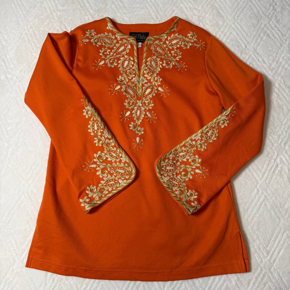 Artsy Boho Bob Mackie Wearable Art Orange Gold Embroidered Tunic Top XS